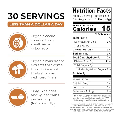  Organic Mushroom Hot Chocolate with 5 Ceremonial Cacao Mushrooms (Lion's Mane, Cordyceps, Chaga, Reishi, Turkey Tail) -