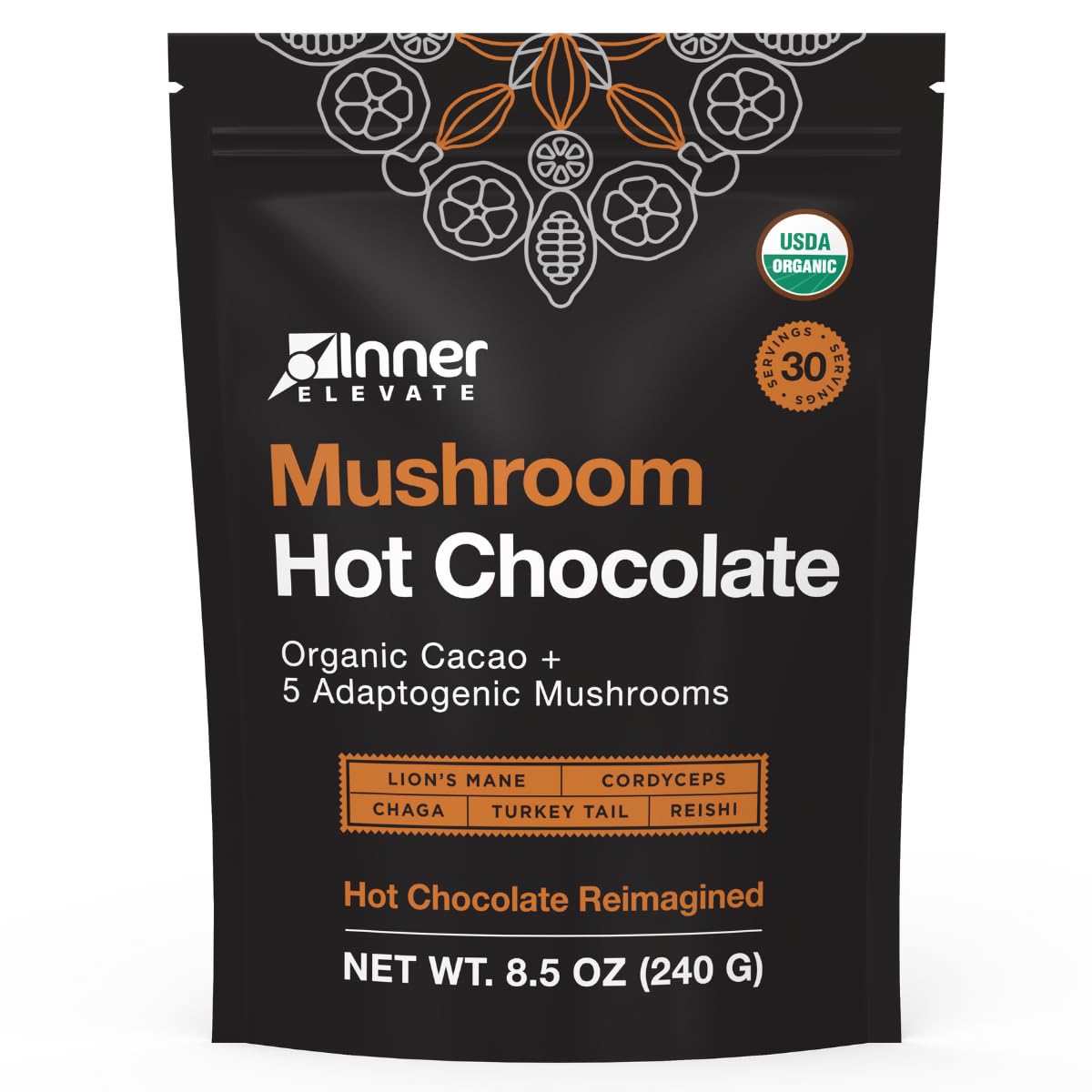  Organic Mushroom Hot Chocolate with 5 Ceremonial Cacao Mushrooms (Lion's Mane, Cordyceps, Chaga, Reishi, Turkey Tail) -